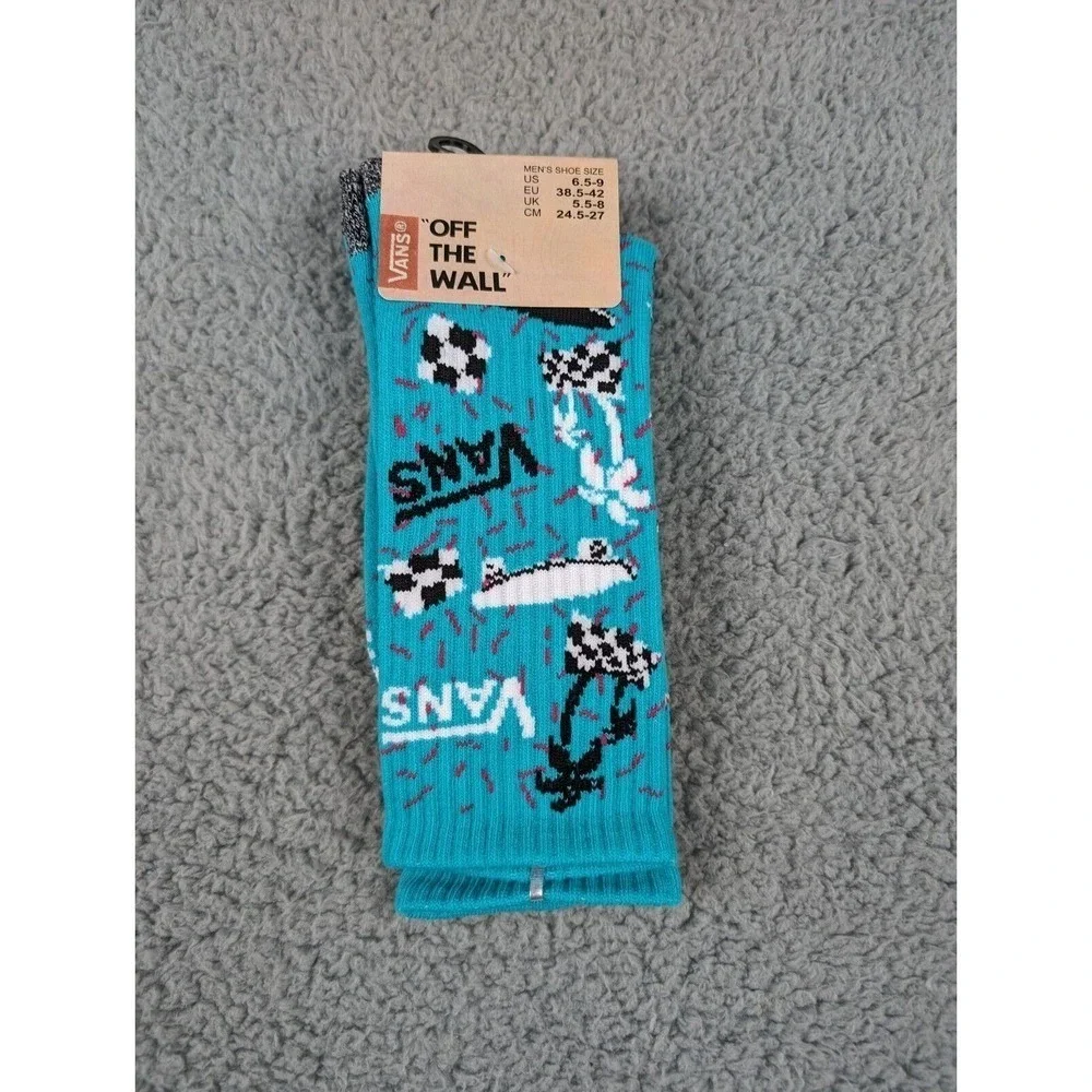 Vans Crew Socks Mens Womens 6.5-9 Teal‎ Blue Palm Trees Skateboard Logo Athletic
